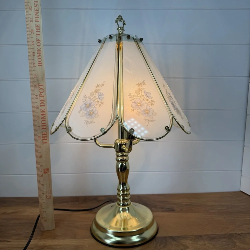 Vtg 3 Way Touch Lamp Brass Floral Glass Panel 90's Y2K Cottagecore Retro WORKS